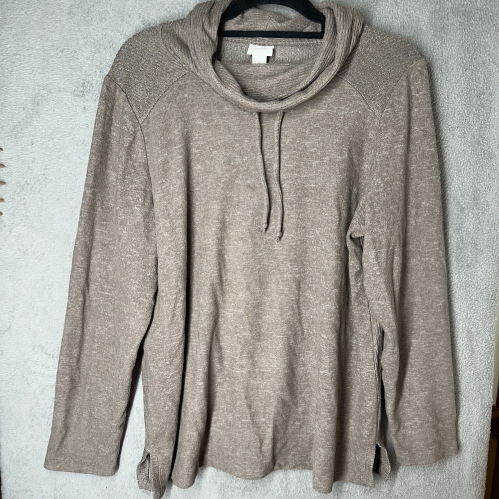 Weekends by Chico's Taupe Cowl Neck Ribbed Back Long Sleeve Top Size 2